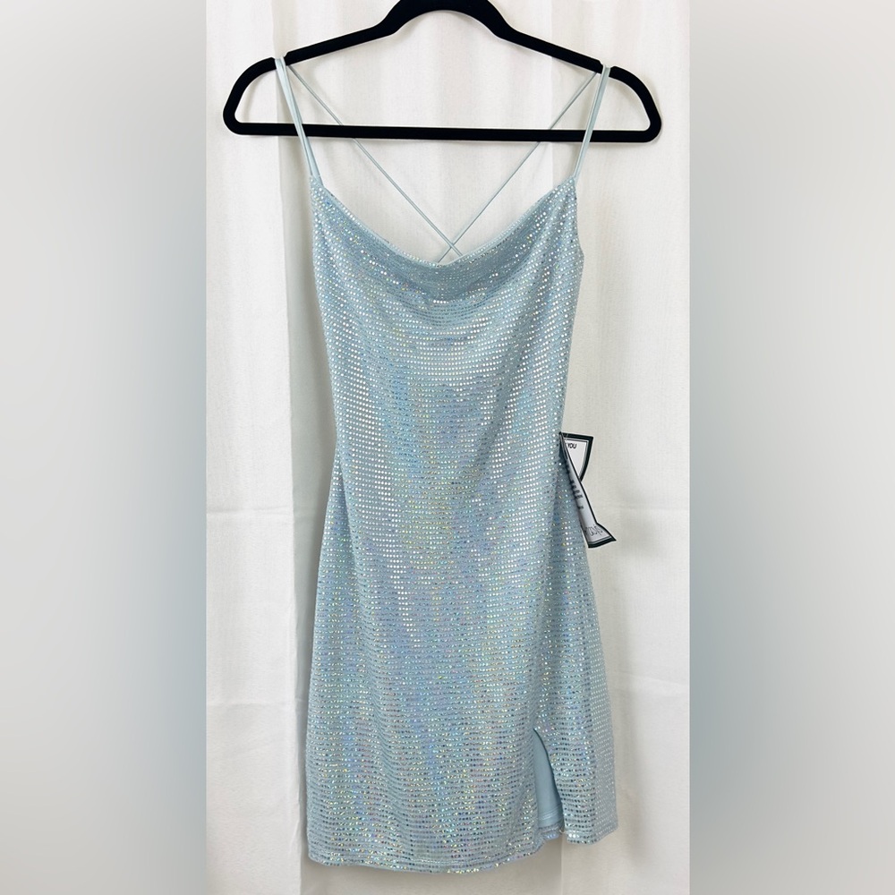 City Studios Juniors Womens Light Blue Metallic Mini Slip Dress Cowl Neck S NWT - Picture 5 of 11